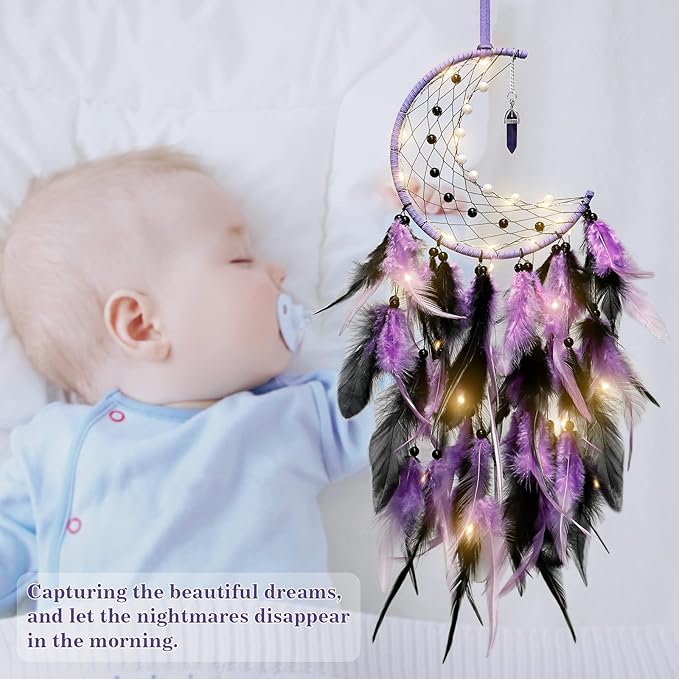 Dremisland Moon Dream Catcher with Fairy Lights-Handmade Colorful Feather Lucky Turquoise Pendant Beads Wall Hanging Ornament for Kids Bedroom Home Decoration,Art Craft Gift. (Purple&Black)