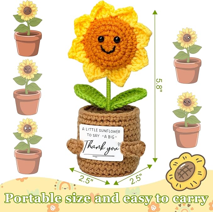 Thank You Gifts for Women Men - Crochet Sunflower Teacher Appreciation Gift for Her Him, Funny for Mom, Teacher, Sister, Emotional Support Small Cute Stuff Things, Collectible Doll