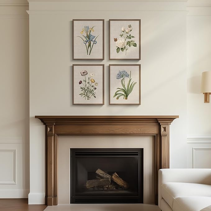 Framed Botanical Floral Wall Art, 4 Piece Vintage Flower Canvas Painting Prints for Bedroom, Rustic Floral Butterfly Pictures for Farmhouse Kitchen Living Room Dining Room Hallway Wall Decor, 11x14 In
