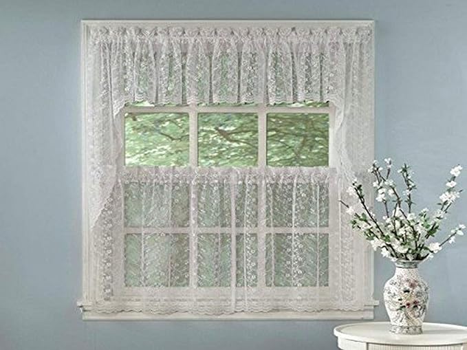 Kitchen Curtains for Windows ✅ 40+ Styles & Colors ✅ Swag, Valance, Tier Sets & Panels ✅ Cafe Curtains for Farmhouse, Rustic, Modern Décor, Priscilla White, 24" Tier