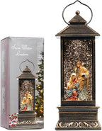 12" Christmas Snow Globe Lantern with Nativity - Water Swirling Glitter LED Light Lantern with Music - Vintage Xmas Gifts - USB Plug or Battery Operated Home Decor (Religious)
