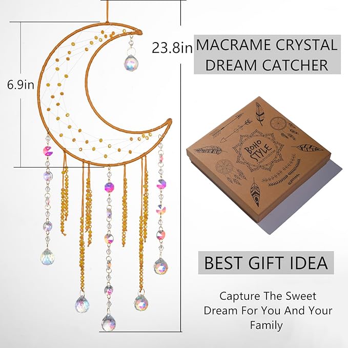 Artilady Moon Dream Catchers - Yellow Dream Catcher with Crystals Princess Room Decor for Girls Kids Adults Baby Bedroom Room Decor Christmas Birthday Teen Girl Gifts