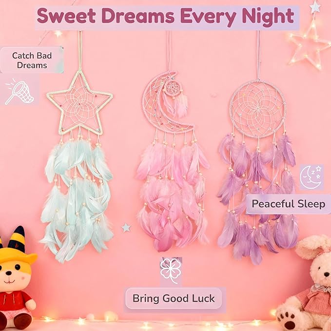 3PCS/LOT Star Moon Sun Shape Dream Catcher Home Decoration, and Baby Kids Room Accessory - Dream Catcher with Feather Decoration - Unique Home Craft Wall Pendant (Mix Color)