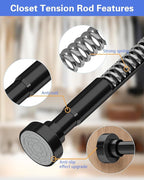 No Drilling Closet Rods for Hanging Clothes, Non Slip Tension Rod with Heavy Duty Clothes Hanging Rod, 17-39 Inches Adjustable Spring Closet Rod for Closet Wardrobe Bathroom Laundry RV, Black