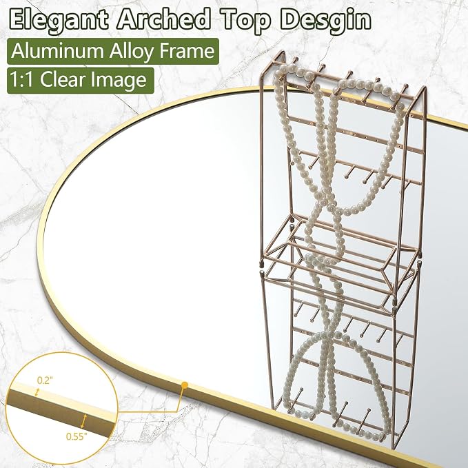 Dewfig Arched Full Length Mirror, 86"x46" Large Floor Mirror with Stand, Oversized Full Body Mirrors for Standing/Leaning/Hanging, Wall Mounted Mirrors for Bedroom, Living Room,Dressing Room, Gold