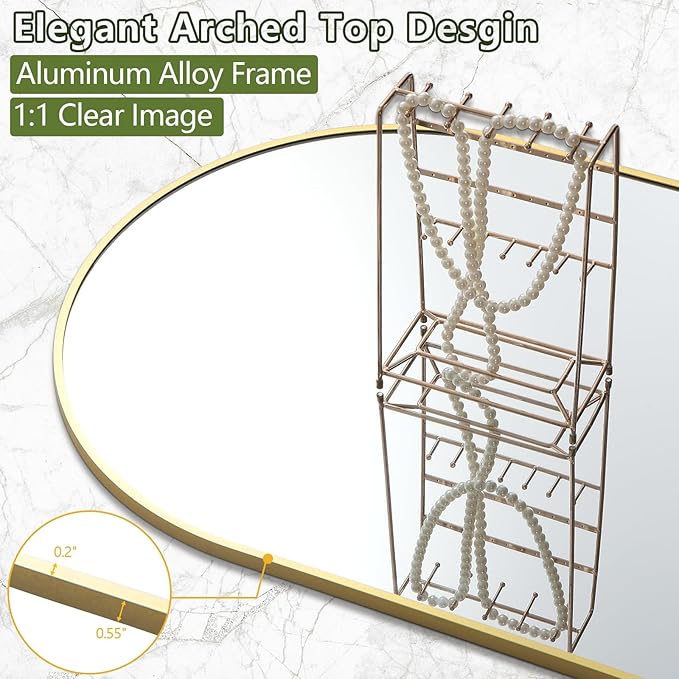 Dewfig Arched Full Length Mirror, 78"x38" Large Floor Mirror with Stand, Oversized Full Body Mirrors for Standing/Leaning/Hanging, Wall Mounted Mirrors for Bedroom, Living Room,Dressing Room, Gold