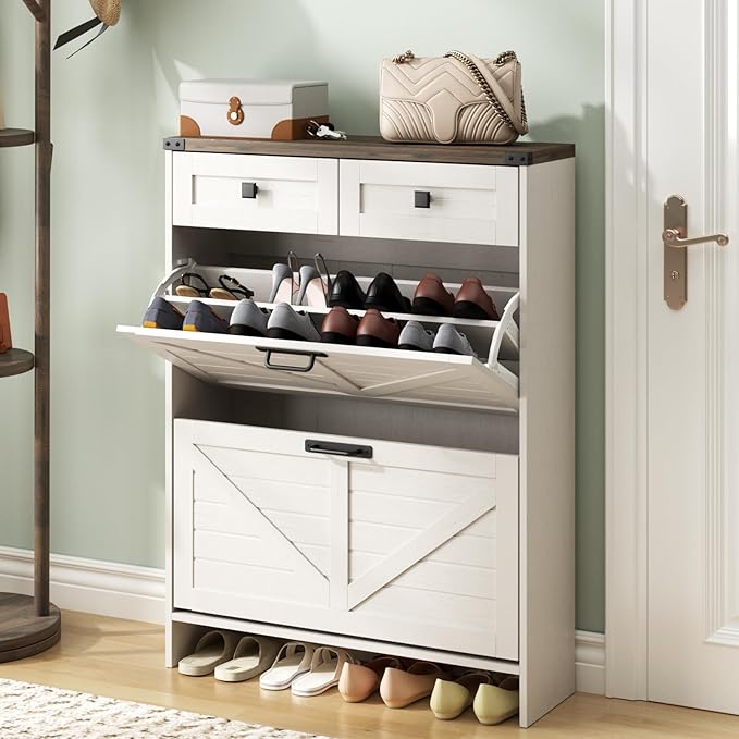 Shoe Cabinet with 2 Flip Drawers & 2 Drawers,Farmhouse Shoe Storage Cabinet for Entryway,Slim Freestanding Narrow Organizer Rack for Front Door Entrance,White