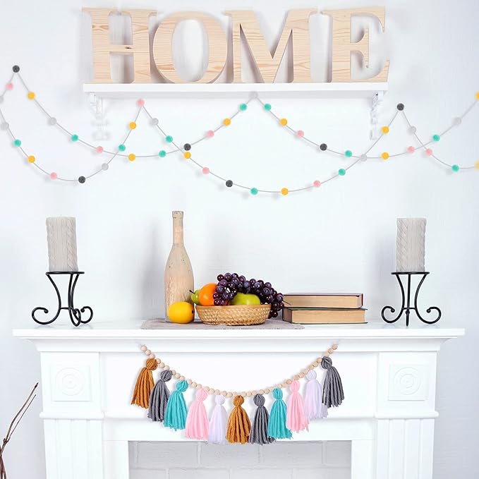 Syhood 3 Pcs Boho Tassel Garland Wall Hanging Decor 1 Boho Tassel Garland with Wood Beads and 2 Western Colorful Pom Pom Ball for Classroom Party Wedding Baby Shower Home Decorations(Simple Colors)