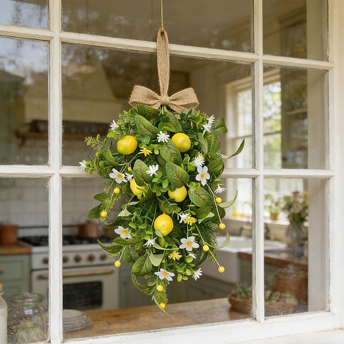 2 Pack 22'' Lemon Swag Wreaths for Cabinets Spring Summer Teardrop Wreath with White Daisy Flowers Artificial Lemon Teardrop Wreath with Bow for Farmhouse Front Door Porch Window Wall Hanging Decor