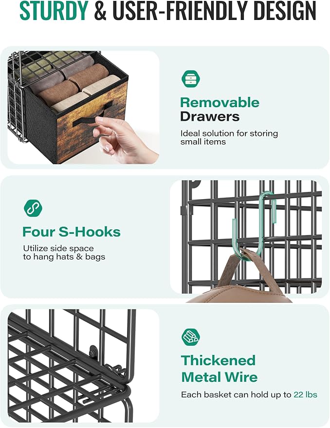 Hanging Closet Organizer with Drawers, 4 Tier Metal Closet Organizers and Storage with 4 Hanging Hooks 4 S-Hooks for Wardrobe Laundry Room, Wire Storage Shelf for Clothes Sweaters Pants (Black)