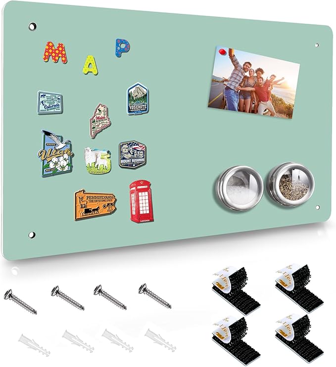 Green Magnetic Board,17.5" x 11.4" Magnet Bulletin Board to Display Magnetic Notes, Poetry, Photos, Suitable for Wall, Refrigerator, Cabinet etc, Come with 4 Pcs Dual Lock Tape and Screws