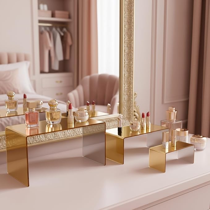 Chuangdi 2 Sets Acrylic Display Risers, Product Stand, Jewelry Display Riser Shelf Showcase Fixtures for Dessert Cupcake Candy Figure Treat Action Showcase (Gold,Large Set)