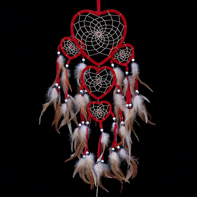 Large Handmade Dream Catcher Traditional Dreamcatcher Feather Wall Hanging Decoration Ornaments Five Hearts Red