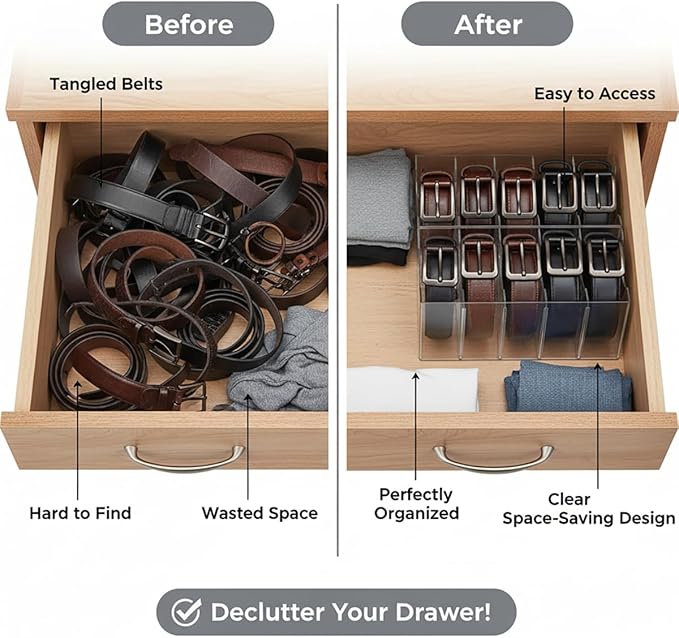 4-Pack Belt storage Organizer for Closet with Removable Dividers - 5 Compartments & Handles Drawer organization and storage for underwear, Socks, and Bow Ties Acrylic Belt Organizers (4)