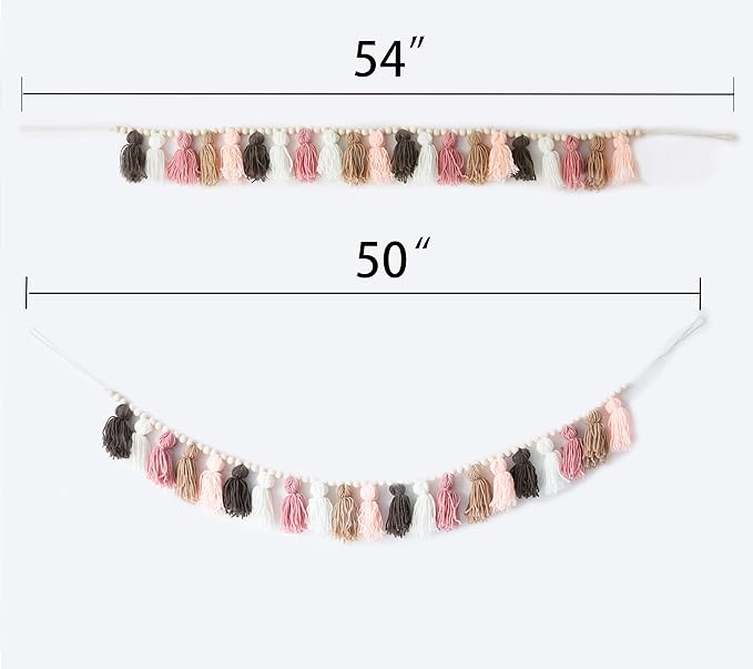 Tassel Garland - Boho Tassel Garland with Wood Beads - Wall Decor for Dorm, Girls Room and Nursery Room (50 inch)