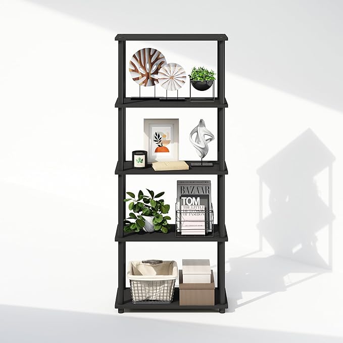 Furinno Turn-N-Tube Book Shelf, 5-Tier Bookshelf, Bookcase with Multipurpose Compact Display Rack, 11.6 x 23.6 x 57.4, for Living Room, Bedroom, Home Office, Americano/Black