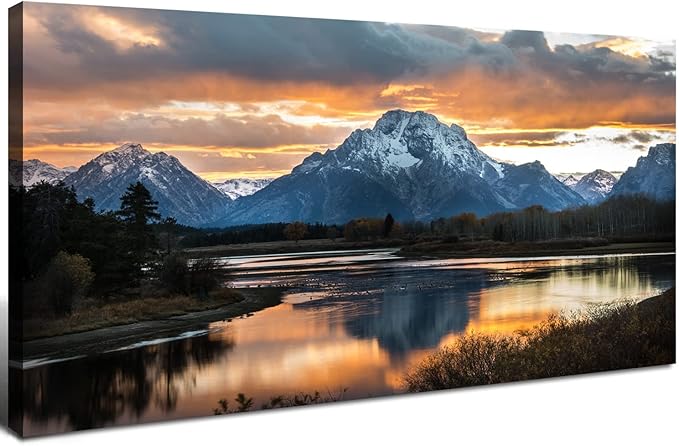 Grand Teton Mountain Wall Art National Park Posters Sunset Oxbow Bend Scenery Wall Picture Snake River Landscape Wall Art Nature Wyoming Painting Artwork for Living Room Bedroom Home Decoration 24x48"