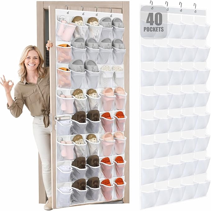 Windyun 40 Over the Door Shoe Organizer Large Breathable Mesh Pocket Clear White Hanging Shoe Rack for Closet Behind Door Hanger Storage Holder Nonslip Hook for Women Men Entryway Bedroom Utility Room