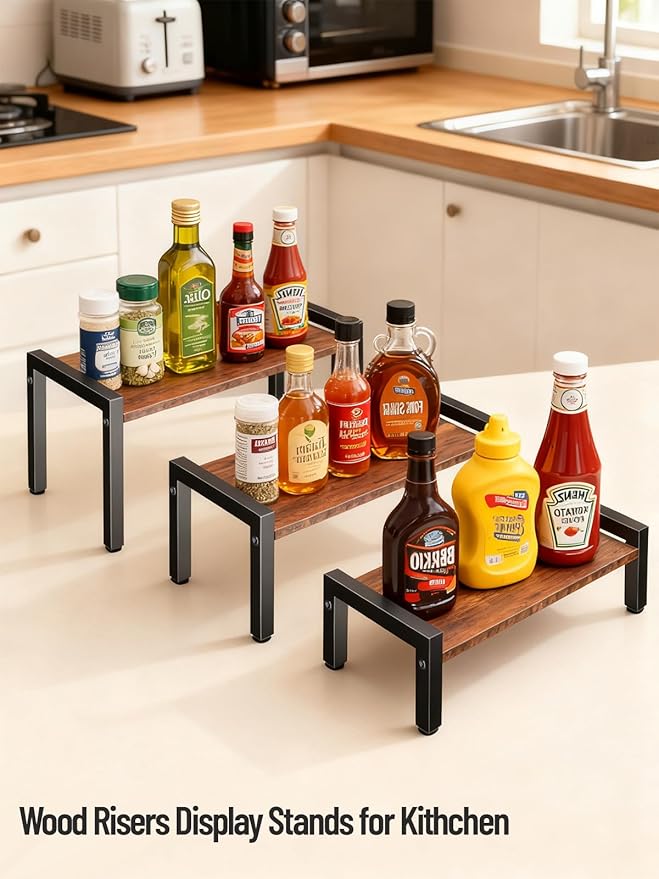 Wood Risers Display Stands & Cupcake Stand, 3 Tier Stepped Display Shelf for Perfume Collectibles, Buffet Risers Tiered Tray Stand & Serving Tray for Food Desserts Vendor Events Party Decor