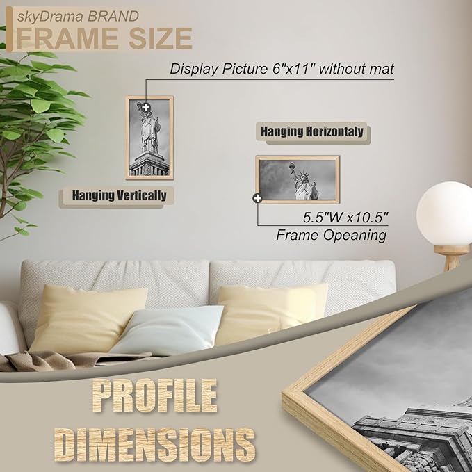 Natural Solid Wood 6x11 Picture Frame, Display 6 x 11 Inch Picture Poster Photo, Vertical & Horizontal Wall Hanging - 2 Pack/Natural/6"x11"