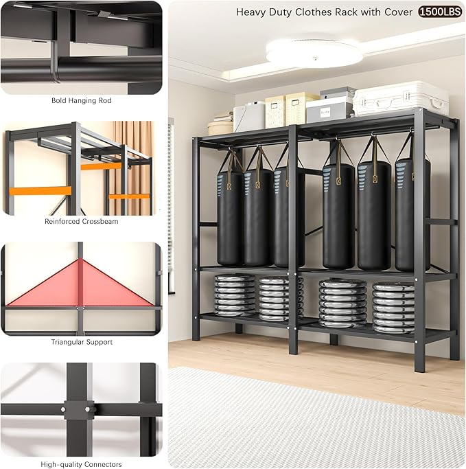 Heavy Duty Portable Closet with Cover Magnetic Doors, Metal Rolling Clothes Rack Heavy Duty 1500LBS, Foldable Clothing Rack, Garment Racks for Bedroom/LivingRoom/Rental (KT-Grey, 70.86in)