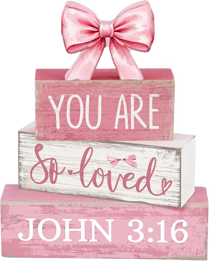 Lineshading 4 Pcs Pink Bow Decor Christian Table Decor Wooden Block Signs Set "you Are So Loved John 3: 16” Inspirational Bible Verse Quotes Coquette Bow Centerpieces for Home Office Shelf Decorations