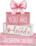 Lineshading 4 Pcs Pink Bow Decor Christian Table Decor Wooden Block Signs Set "you Are So Loved John 3: 16” Inspirational Bible Verse Quotes Coquette Bow Centerpieces for Home Office Shelf Decorations