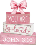 Lineshading 4 Pcs Pink Bow Decor Christian Table Decor Wooden Block Signs Set "you Are So Loved John 3: 16” Inspirational Bible Verse Quotes Coquette Bow Centerpieces for Home Office Shelf Decorations
