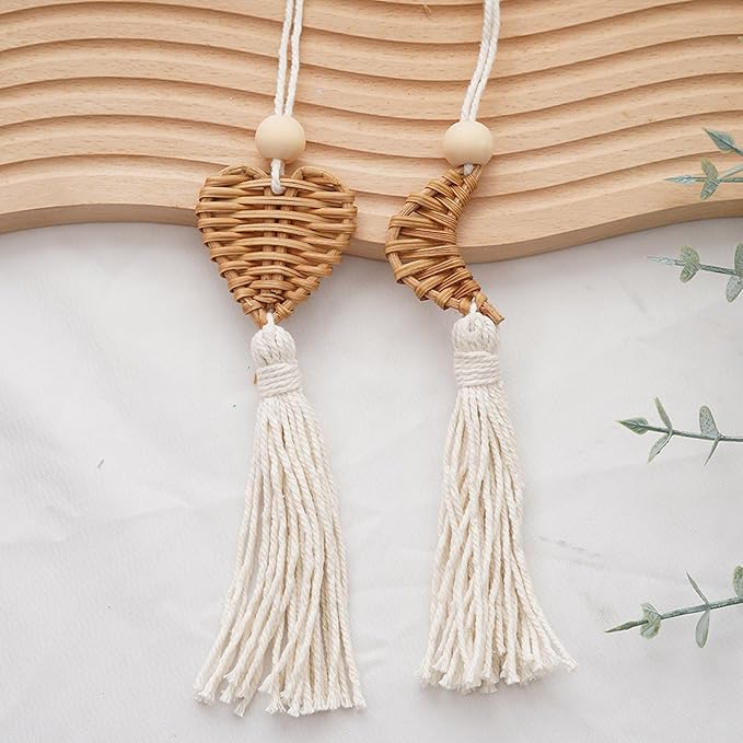 Set of 4 Handwoven Wall Hanging Natural Fiber Pendants Decors with Cotton Tassels for Living Room Aesthetic Ornaments Cotton Rope Tassels Hanging Charm