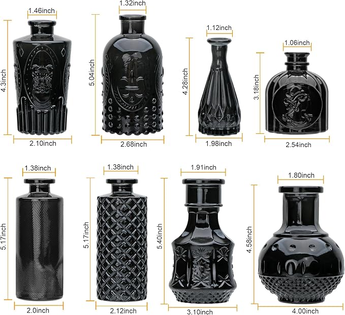 Brajttt Black Flower Vase Set, Glass Bud Vase in Bulk Set of 8,Artistic and Cultural Flavor Mini Vases for Home Office Decor, Bedroom, Office, Living Room Decorations,Wedding