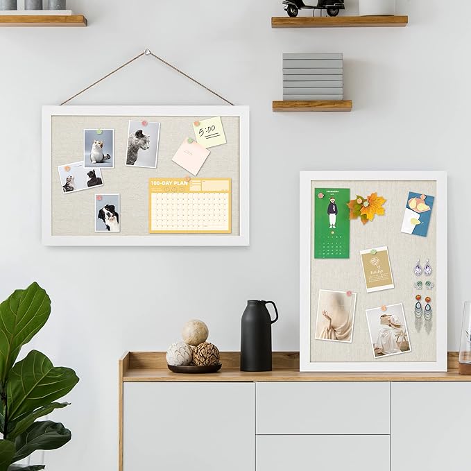 AKTOP 2-Pack Cork Board Bulletin Board 16x11 inch, Small Framed Corkboard with Linen for Wall, Hanging Pin Board Picture Board for Home Office Decor, Cute Vision Board with 25 Pushpins (Vintage White)