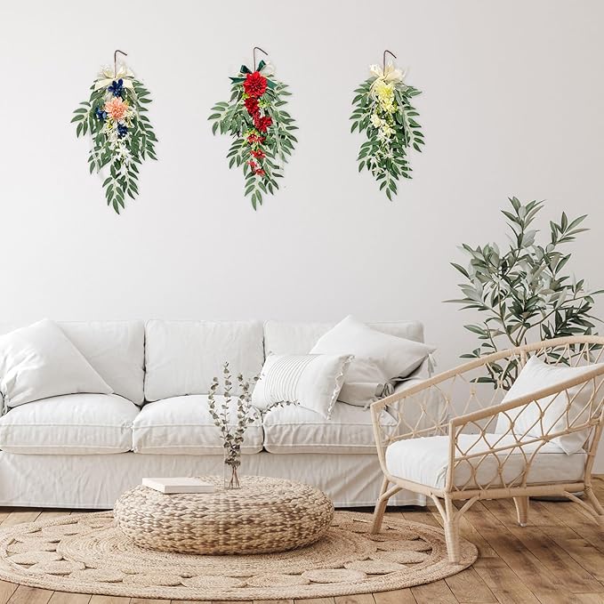 belupai 26.4 Inch Artificial Willows Swag with Flowers, Fake Wall Hanging Greenery Teardrop Dahlia Wreath Eucalyptus Garland with Bow Ribbon for Front Door Farmhouse Decor(White)