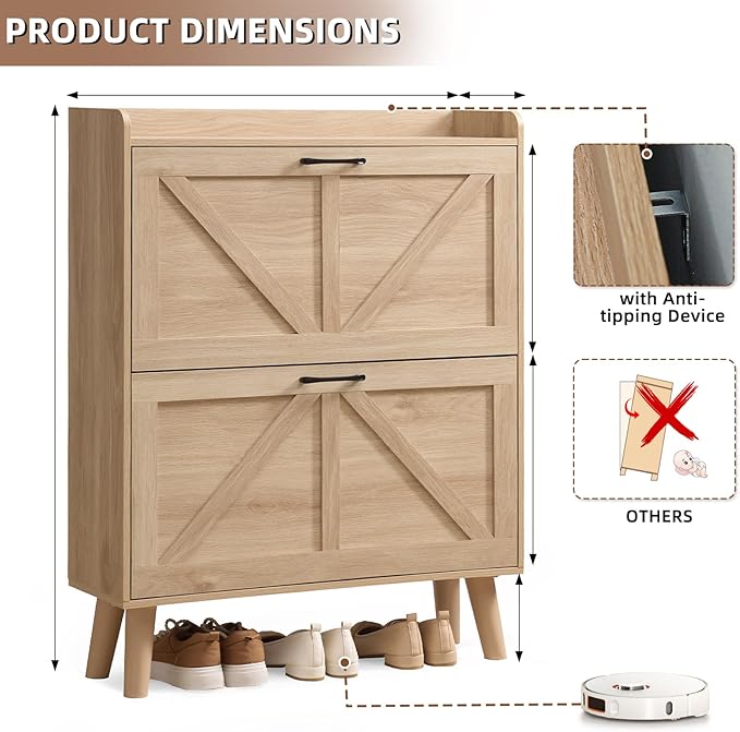 LEYAOYAO Shoe Storage Cabinet with 2 Flip Drawers，Narrow Shoe Storage Cabinet Organizer with Legs for Entryway Hallway, Living Room, Bedroom，Hidden Slim Storage Narrow Shoe Rack Cabinet,Natural