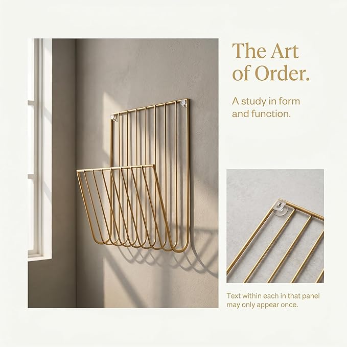 Gold Wall Mounted Magazine Rack and File Holder, A Sturdy Iron Organizer for Mail, Letters, Folders, and Papers,Decorative for Home Office or Study Room