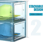 Hat Organizer Box, Stackable Clear Baseball Caps Holder Box Containers with Magnetic Door for Hats Snapback Cap Storag, Hat Rack Display Case, Holds 8 Hats Each (Blue, 2 Pack)