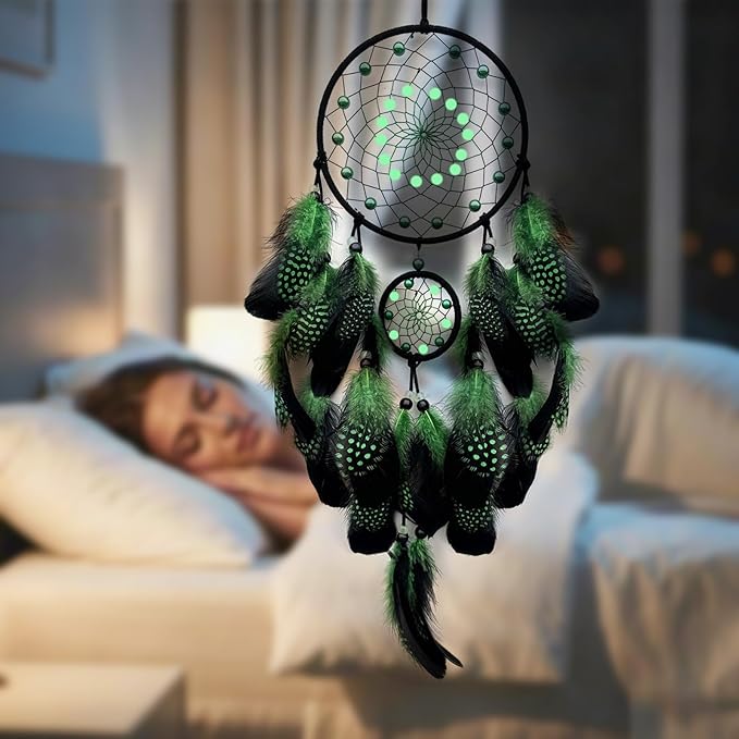 Green and Black Dream Catcher Wall Decor Feather Dream Catchers with Luminous Bead Handmade Dreamcatcher Wall Hanging Ornament for Bedroom Living Room Home Decor