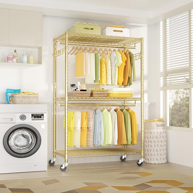 FUTASSI P1 Plus Rolling Clothes Rack, 22mm Diameter Heavy Duty Garment Rack with Wheels, Portable Closets with Shelves and Hanger Rods, 45" W x 17.7" D x 80.5" H, Load 524 LBS, Gold
