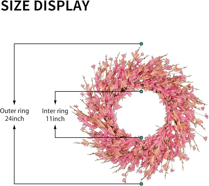24 Inch Artificial Pink Forsythia Flower Wreath, Silk & Paper Floral Wreaths for Front Door, Romantic Valentine's Day & Spring Summer Decor, All Season Farmhouse Wedding Indoor Outdoor Decor