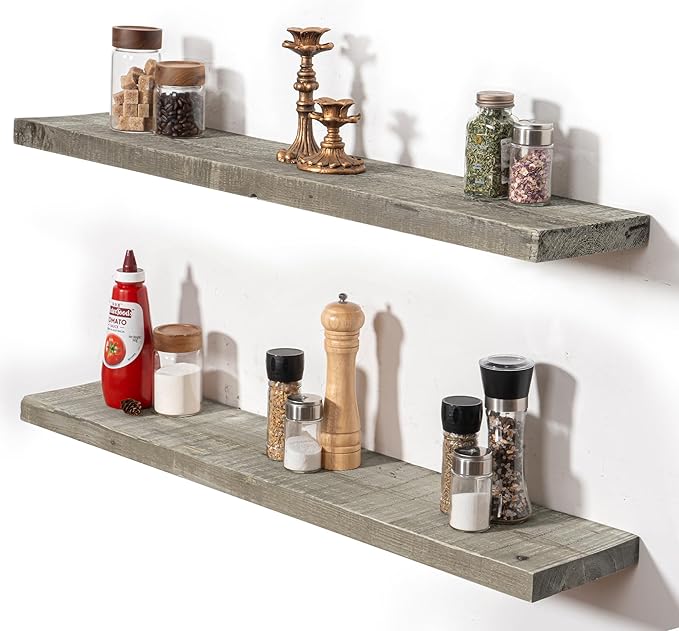 Fun Memories 48 Inch Reclaimed Wood Floating Shelves for Wall, 8 Inch Deep Heavy Duty Rustic Farmhouse Floating Shelf with Invisible Brackets for Fireplace Mantel & Coffee Bar, Grey