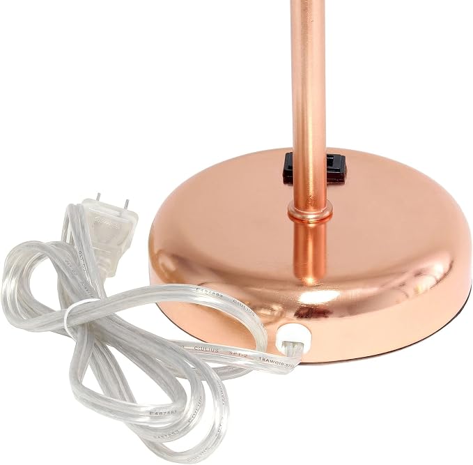 Oslo 19.5" Contemporary Bedside Power Outlet Base Standard Metal Table Desk Lamp in Rose Gold with White Drum Fabric Shade