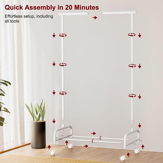 SLEEPING LAMB Heavy Duty Clothing Racks for Hanging Clothes, Metal Rolling Clothes Rack with Wheels, Sturdy Garment Wardrobe Rack for Bedroom, Laundry Room, White