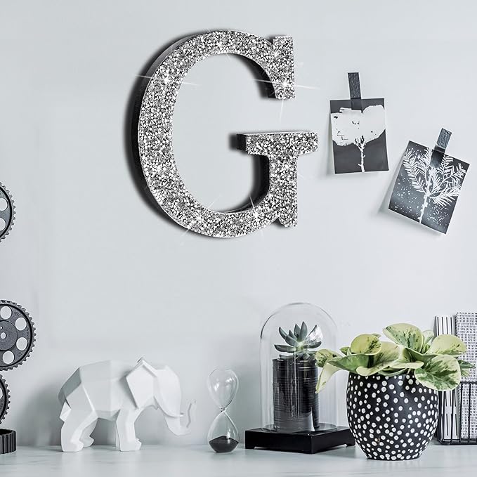 Qunclay 5.7" Silver Crystal Diamond Bling Letters Crushed Diamond Decoration Wooden Glitter Letter with Screw and Hooks Rhinestone Gift for Wedding Y2k Mcbling Bedroom Wall Decor (Letter G)