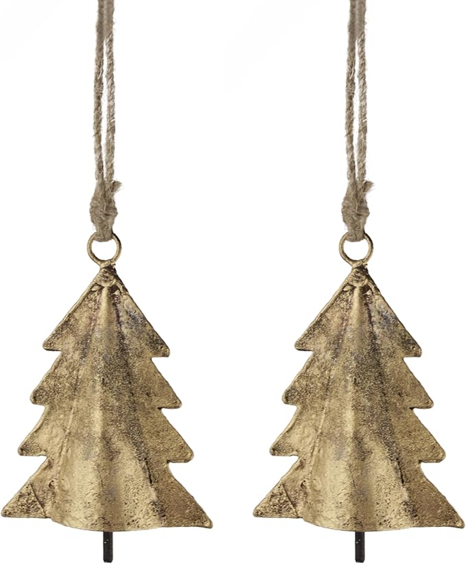 Rustic Iron Wall Accent – Set of 2 - Handmade Metal Hanging Décor with Rope - 3D Christmas Tree & Brass Hanging Bell for Indoor & Outdoor Walls (4" & 3")