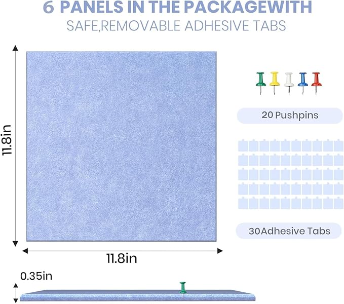 Large Cork Board Alternative 36" X 24" Bulletin Board - 6 Pack Removable Felt Wall Tiles with 20 pushpins, Large Cork Boards for Walls Cork Board for Office Pin Board Tack Board - Soft Periwinkle