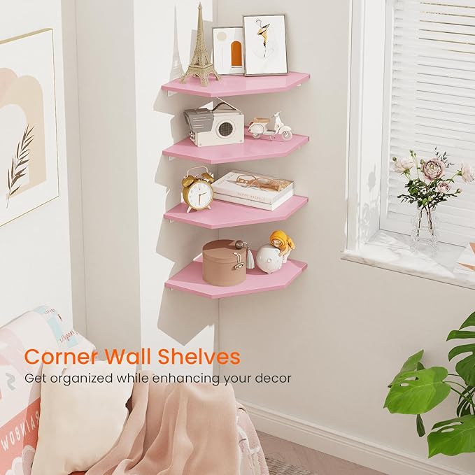 Homode Corner Shelf Wall Mount, Set of 4 Corner Floating Shelves, Wood Hanging Storage Shelving with Cord Hole, Wall Shelf Organizer for Bathroom Bedroom Living Room Office, Pink