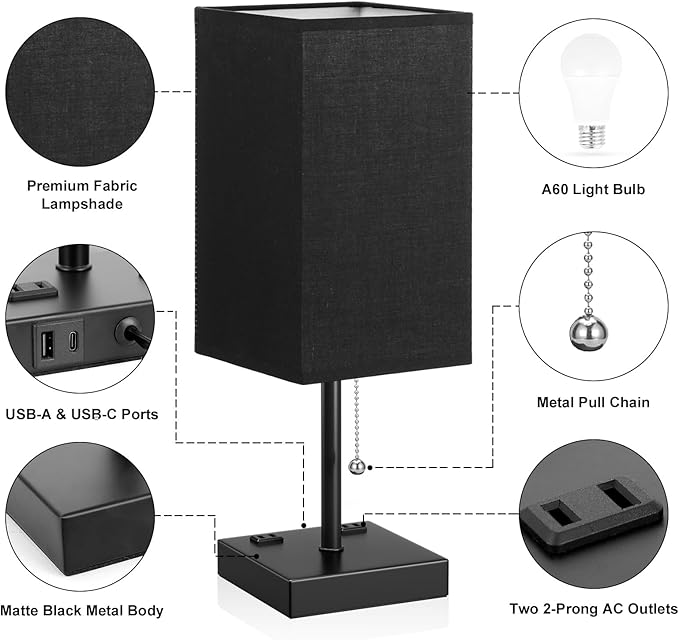 Black Medium Table Lamp with USB Ports - 3 Color Temperature Bedside Lamp for Bedroom, Pull Chain Control, USB A and C Ports, 2 AC Outlets, Bulb Included