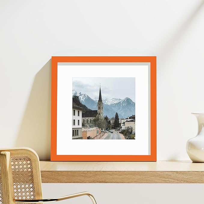 Vittanly 12x12 Picture Frames Set of 9, Shatter Resistant Plexiglass, Display 8x8 Pictures with Mat or 12x12 without Mat, Photo Frames for Wall Mount, Engineered Wood, Orange