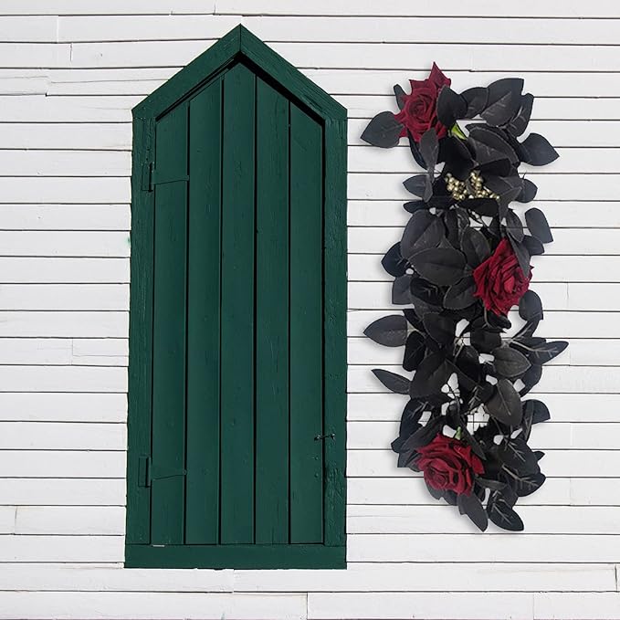 Artificial Rose Flower Swag,Artificial Sunflower Swag, 24 Inch Decorative Swag with Pumpkins Berries and Black Leaves for Halloween Home Front Door Lintel Wedding Arch Party Tabletop Wall Decor(#2)