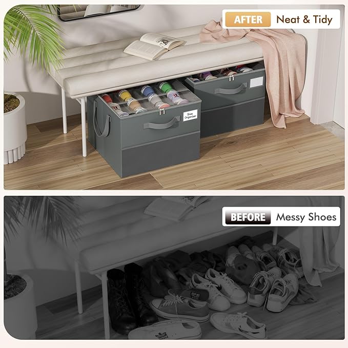 2 Pack Shoe Organizer for Closet, Large Shoe Box Storage Containers, Foldable Shoe Storage Organizer Box Bin with Adjustable Dividers and Clear Cover, Space Saving Shoes Holder, Gray