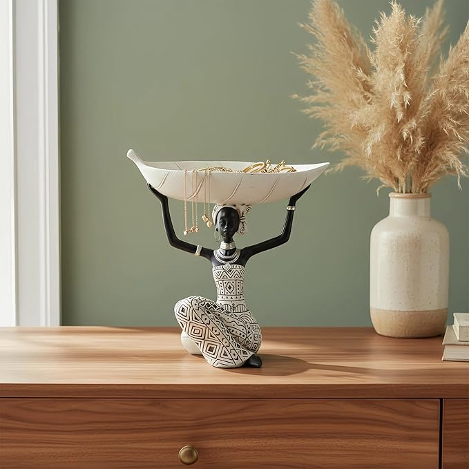 Lescafita African Woman Holding White Leaf Bowl Statue, Modern Resin Figurine Sculpture, Boho Home Table Decoration for Living Room or Entryway
